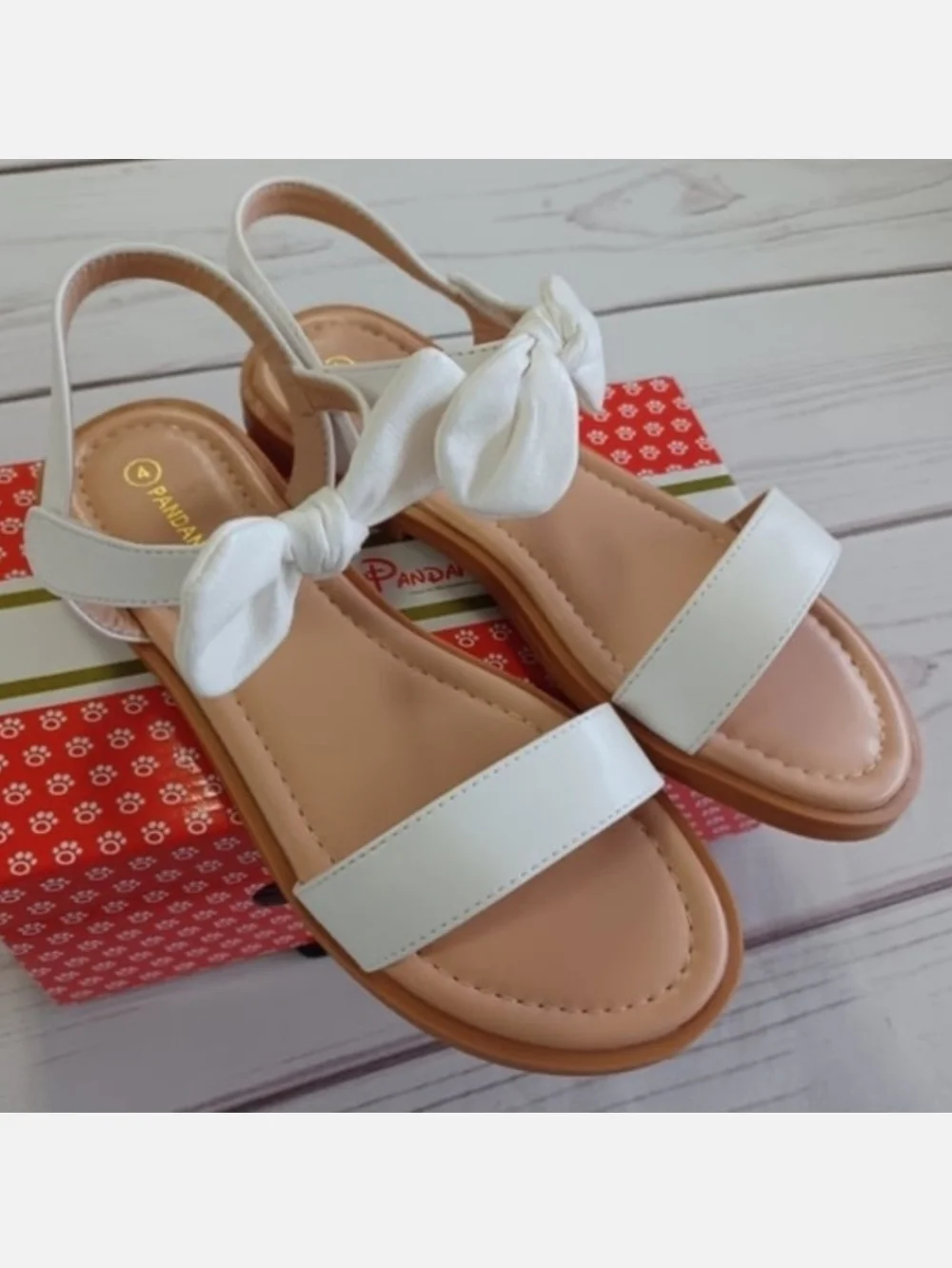 PANDANINJA Ella Girls Size 4 White Bow Dressy Neutral Spring Summer Sandal Shoes